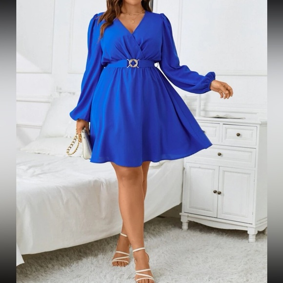 Plus size burgundy surplice neck lantern sleeve belted dress - Picture 12 of 15